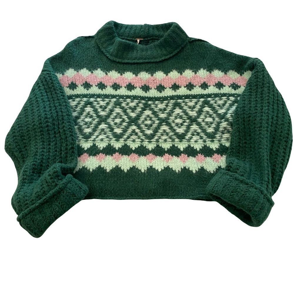 Free People Alpine Pullover Spearmint Pine Combo Sweater Size Large